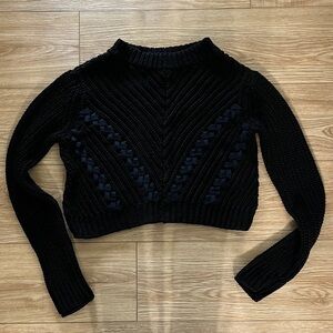 3.1 Phillip Lim cropped black cotton sweater navy ribbon accent